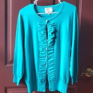 Debbie Morgan Teal Blue Ruffle Cardigan Sweater NWT XL